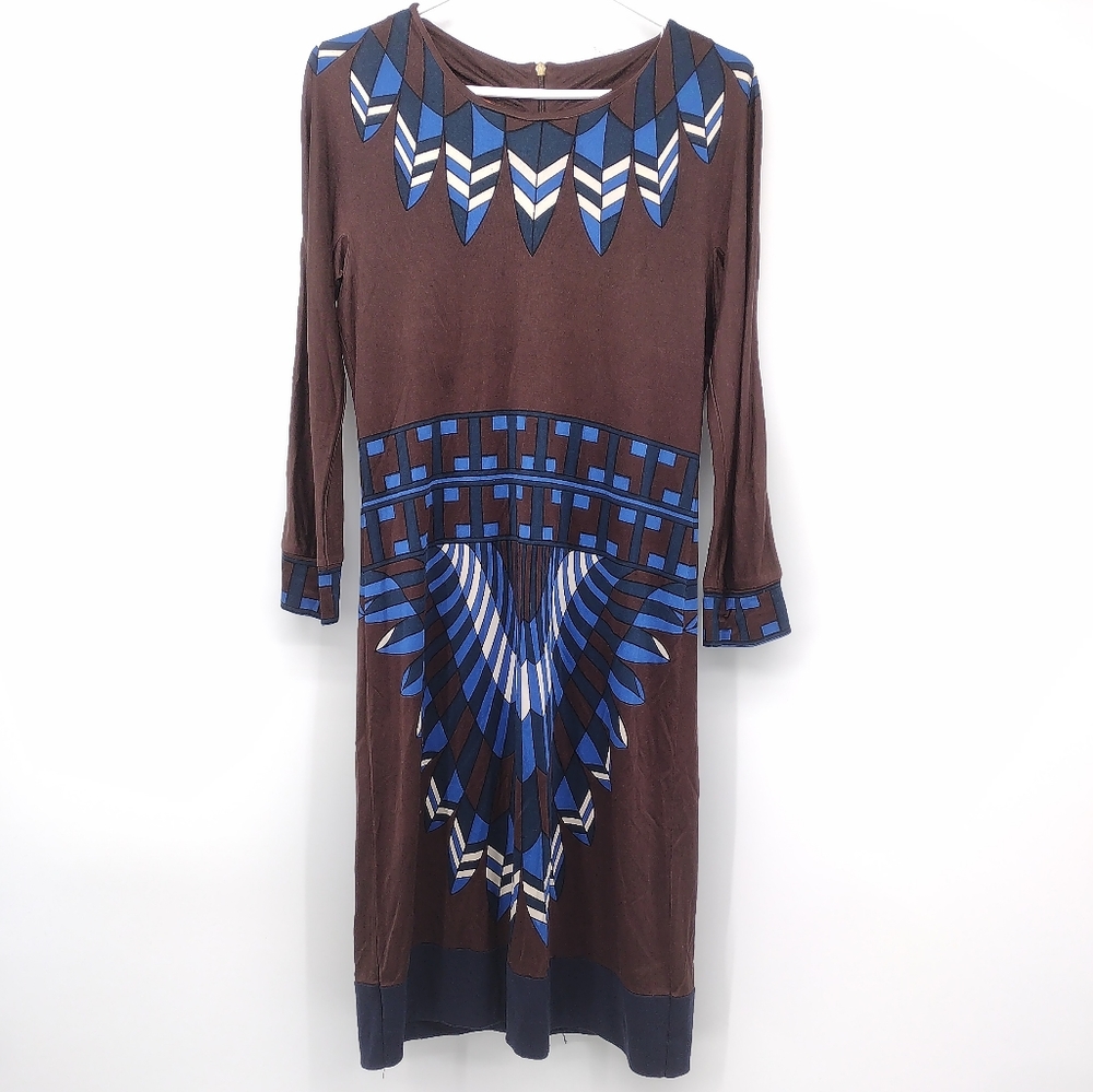 Tory Burch Brown Midi Dress with Blue Geometric Print